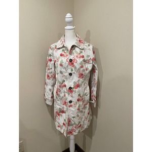 Eddie Bauer trench jacket women XS White W Pink Floral Pockets Cotton Blend
